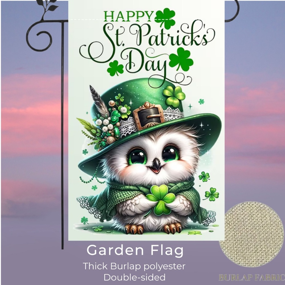 Garden flag, 12”x18”, St. Patrick’s Day owl, thick burlap polyester double-sided